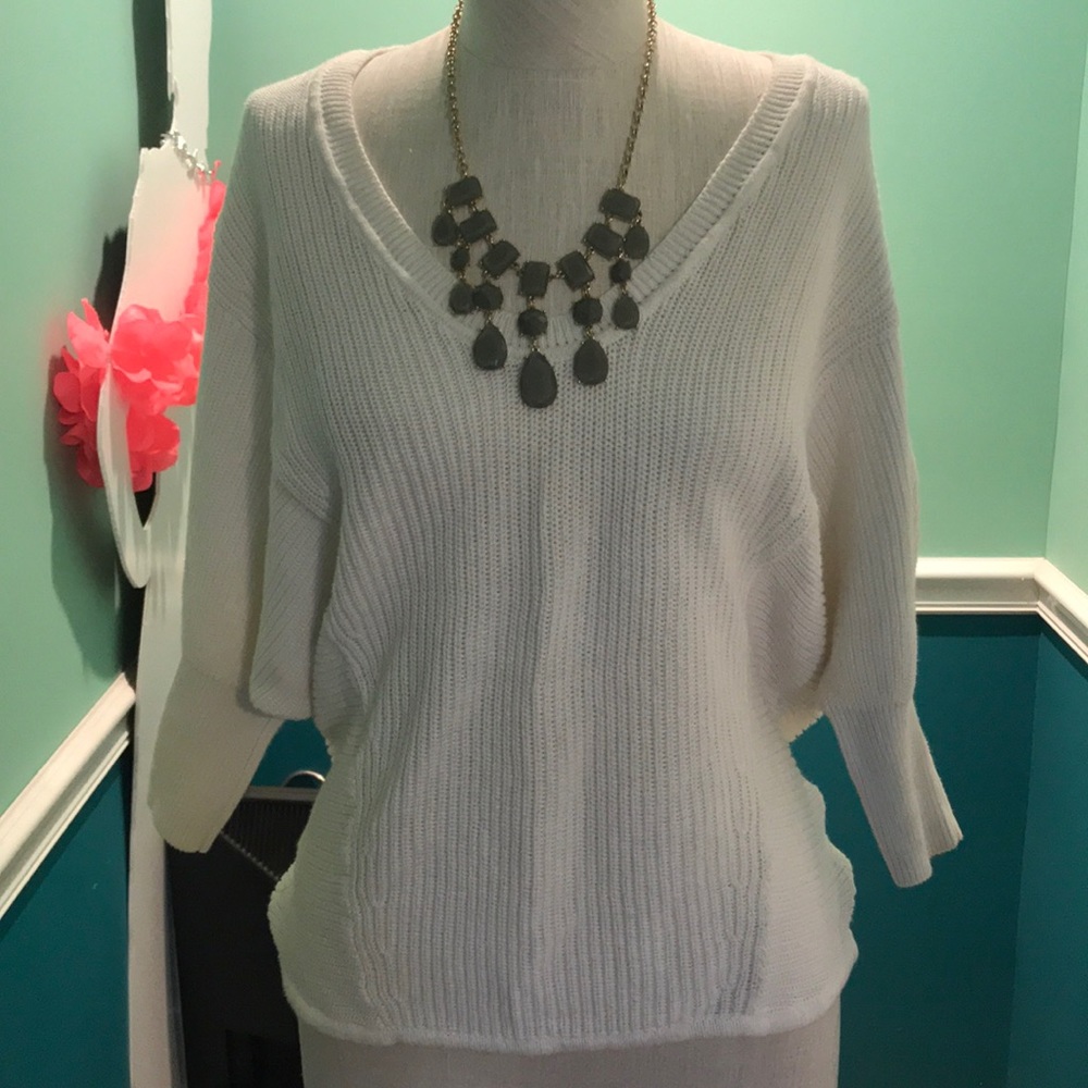 3/4 sleeve white sweater